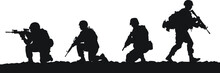 Vector Silhouettes Of American Soldiers In Combat Positions.