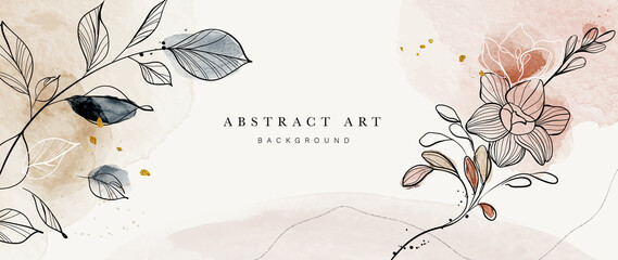 Abstract art botanical background vector. Luxury wallpaper design with women face, leaf, flower and tree  with earth tone watercolor and gold glitter. Minimal Design for text, packaging and prints.