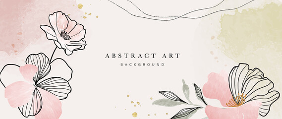 Abstract art botanical background vector. Luxury wallpaper design with women face, leaf, flower and tree  with earth tone watercolor and gold glitter. Minimal Design for text, packaging and prints.