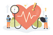 Control of tiny doctors high blood pressure on medical checkup. People with tonometer checking patients risk of hypertension flat vector illustration. Cardiology, cardiovascular disease concept