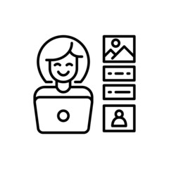Wall Mural - woman working on a laptop creating media content. pixel perfect, editable stroke icon
