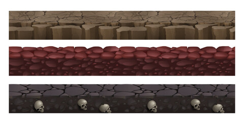 Wall Mural - game grounds with seamless texture of dry soil, red stones and rock land with fossil human skulls. v