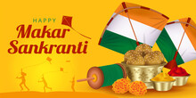 Happy Makar Sankranti Festival Banner With Silhouette Of Children Flying Kites, Paper Kites And Sesame Seeds Ball Or Tilgul Ladoo.