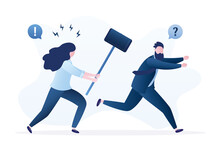Angry Businesswoman Chasing Office Man With A Sledge Hammer. Business Revenge And Anger Concept. Punishment For Poor Performance.