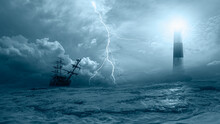 An Old Sailing Ship In The Mist Sails Towards The Rocks With Amazing Lighthouse - Sailing Old Ship In A Storm Sea With Lightning In The Background Stormy Clouds