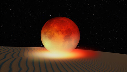 Wall Mural - Abstarct background of Lunar eclipse on the desert with amazing orange light 