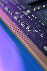 contacts of a microchip of random access memory close-up.