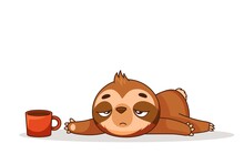 A Tired Sloth Reaches For A Mug Of Coffee. Vector Illustration For Designs, Prints And Patterns. Vector Illustration