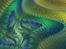 Abstract Fractal Art Background Of Iridescent Green, Blue And Gold Stripes, Perhaps Suggestive Of Marbled Paint, Or A Close-up Of Feathers From A Colorful Bird Such As A Peacock.