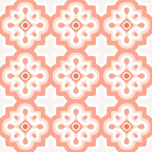 Ceramic Geometric Tiles Seamless Pattern. Kitchen Pottery Design, Italian, Moroccan Artwork. Simple Background In Pink And Coral Colors. Vector Floor Decorative Illustration.