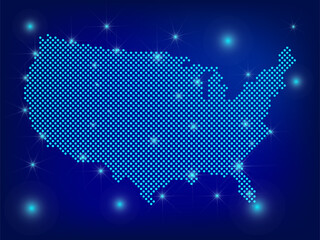 usa map in blue. dotted map. dots united states of america map with spotlights on dark blue backgrou