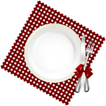 Restaurant Dishware With Fork And Knife Bow Tied On Red Gingham Cloth
