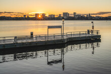 Germany, Hamburg, Rabenstrasse Pier On Outer Alster Lake At Sunrise