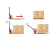 A set of vector images of the use of a hydraulic hand pallet truck. Storage equipment. Vector illustration.