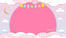 Baby Girl Shower Card On Pink Background,Paper Art Abstract Origami Cloudscape, Crescent Moon And Stars On Pink Sky,Vector Illustration Cute Paper Cut With Copy Space For Girl's Photos