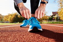 Runner Get Ready For Run, Tying Sneakers Shoelaces