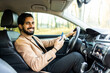 © F8  \ Suport Ukraine - Business indian man use smart phone and drive an auto self-driving smart car in highway