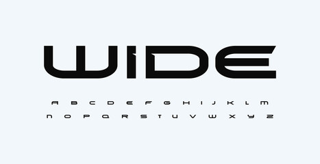 Wide rounded font, expanded alphabet. Letters with bevel spurs for strict techno headline, extended strong logo, race, gym, fit, car sport, automotive, shirts, game, cinema. Vector typography.