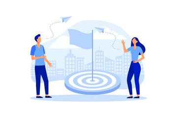 Wall Mural - aimed at a goal, increase motivation, a way to achieve a goal, a businessman in the center with a flag vector flat modern design illustration