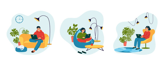  Work from home, coworking, concept illustration. Young men and women freelancers working on laptops and computers at home. People are at home in quarantine. Vector illustration in flat style