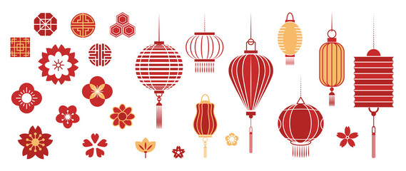 Chinese New Year Icons vector set. Chinese paper lantern and red lamp isolated icons of Asian Lunar New Year holiday decoration vector. Oriental culture tradition illustration.
