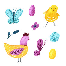 Watercolor Easter Collection With Eggs, Hen, Chicken, Butterflies And Flowers