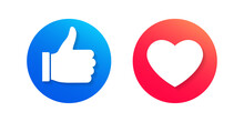 Like Icons With Thumb Up And Heart. Social Media Button Symbols. Love And Hand With Finger Circle Signs. Vector Illustration.