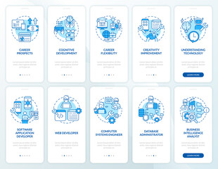 Wall Mural - coding concepts blue onboarding mobile app screen set. admin walkthrough 5 steps graphic instruction