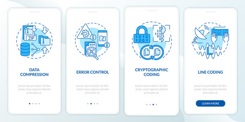 Types of coding blue onboarding mobile app screen. Programmer walkthrough 5 steps graphic instructions pages with linear concepts. UI, UX, GUI template. Myriad Pro-Bold, Regular fonts used