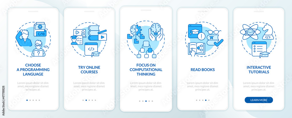 Welcome In Code How to learn to code blue onboarding mobile app screen. Class ...