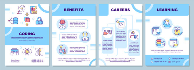 Coding career brochure template. Developer job. Booklet print design with linear icons. Vector layouts for presentation, annual reports, ads. Arial-Black, Myriad Pro-Regular fonts used