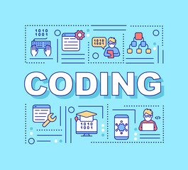 Wall Mural - coding word concepts turquoise banner. software development. infographics with linear icons on backg