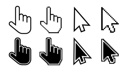 Arrow and hand cursors, pointer icons for web, computer. Vector pixel mouses with clicking finger set. Digital black and white buttons, symbols, sings for www link technology, website. Illustration