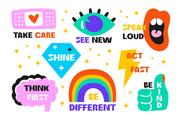 Modern trendy stickers set with motivational phrases. Eye, mouth, brain, flash, like, diamond, rainbow. Bright colors. Social issues. Personal support. Mental health.