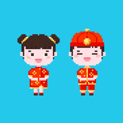 Wall Mural - Pixel art cute boy and girl characters in lunar celebration costumes icon. Vector 8 bit style illustration of pixel Chinese new year costumes. Isolated cute element of retro video game graphic.