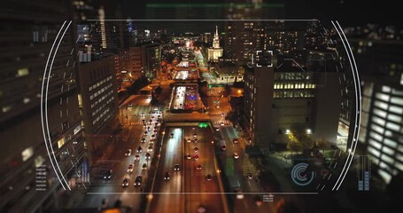 Wall Mural - Electronic surveillance of traffic license plate by law enforcement. FBI and CIA chase criminal escapee in highway night car. Zoom in camera motion graphic illustration.