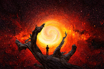 Wall Mural - man observes the universe on the dry trunk of a large tree