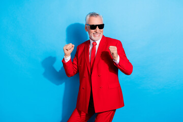 Sticker - Photo of cheerful glad nice retired man dance enjoy disco wear sunglass red tuxedo isolated blue color background