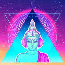 Modern Buddha Listening To The Music In Headphones In Neon Colors Isolated On White. Vector Illustration. Vintage Psychedelic Composition. Indian, Buddhism, Trance Music. Sticker, Patch Design.