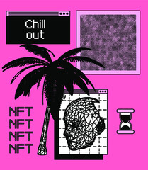 NFT image concept. Collage illustration of user interface elements, 3D models of low poly palm tree and of human face.