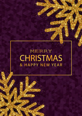 Wall Mural - Christmas, New Year background with golden glitter snowflakes. Vector flyer design