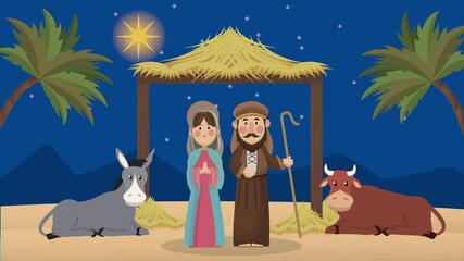 Wall Mural - mery christmas animation with joseph and mary in stable