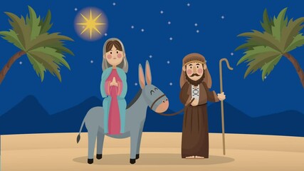 Canvas Print - mery christmas animation with joseph and mary in donkey