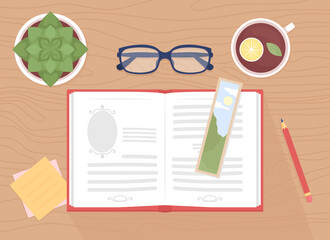 Read book flat color vector illustration. Open textbook with biology homework. Studying subject. Glasses and cup of tea. Top view 2D cartoon illustration with desktop on background collection
