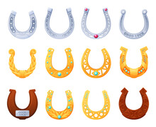 Ornate Horseshoes Set Vector Flat Illustration Golden, Silver And Wooden Symbol Of Lucky Fortune