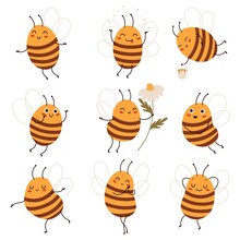 Cute Honeybee. Funny Honey Getters Characters In Various States And Poses. Cartoon Working Winged Insects. Buzzing Mascot With Chamomile Flower. Yellow Striped Wasps. Vector Bees Set