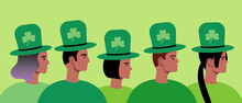 People Celebrating St Patrick's Day, Flat Vector Stock Illustration With Green Color