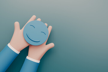 Wall Mural - Hand holding blue paper cut happy smile face, Positive thinking, Mental health assessment, World mental health day concept, 3d rendering illustration	