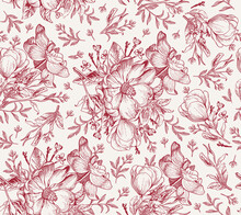 Seamless Pattern. Dogrose Rosehip Wild Rose. Beautiful Fabric Blooming Realistic Isolated Flowers. Vintage Background. Wallpaper Baroque Retro. Drawing Engraving Sketch. Vector Victorian Illustration