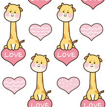 Seamless Pattern Of Cute Giraffe Sitting On Heart Shape Balloon Cartoon.Animal Character Design.Image For Apparel,fabric,textile,decoration,wrapping Paper Gift.Valentine's Day.Vector.Illustration.